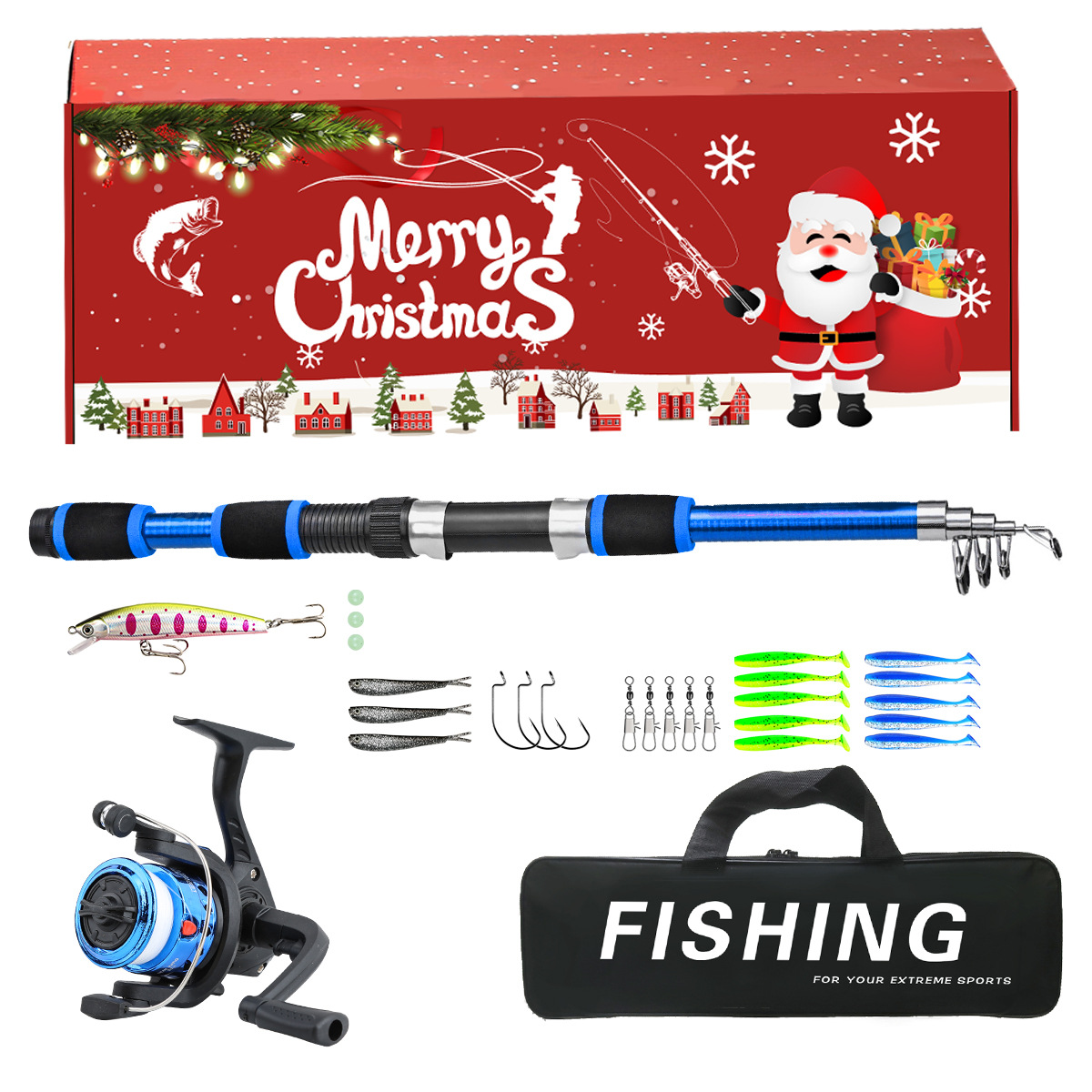 Freshwater Line - Weihnachtsgeschenk Angelset Teleskop-Angelrute Spinnrolle Weiche und